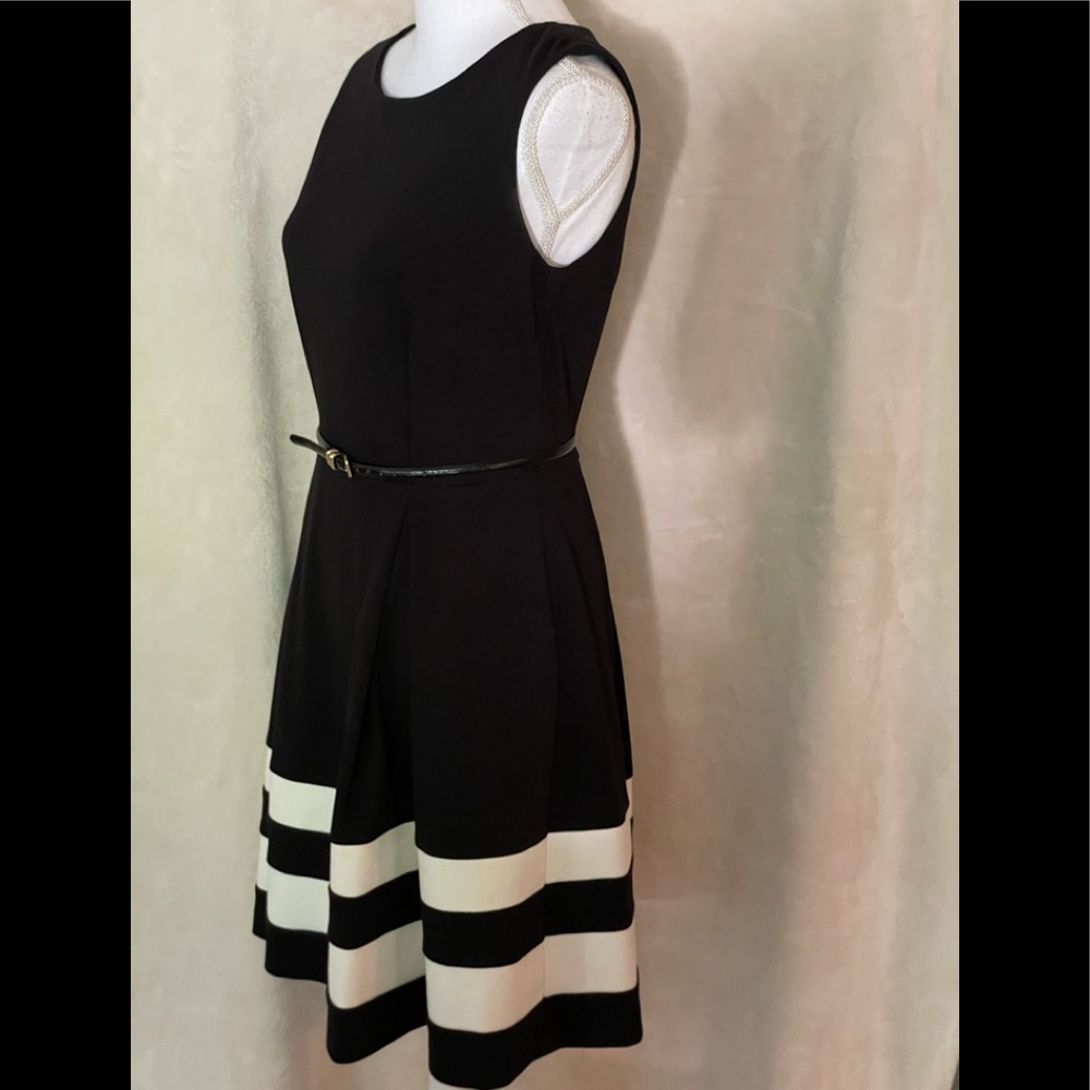 Calvin Klein Dress Color Block Sleeveless Round Neck Belted Waist Knee Length 6